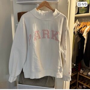 Parke Valentines White Sweatshirt with Pink Lettering
